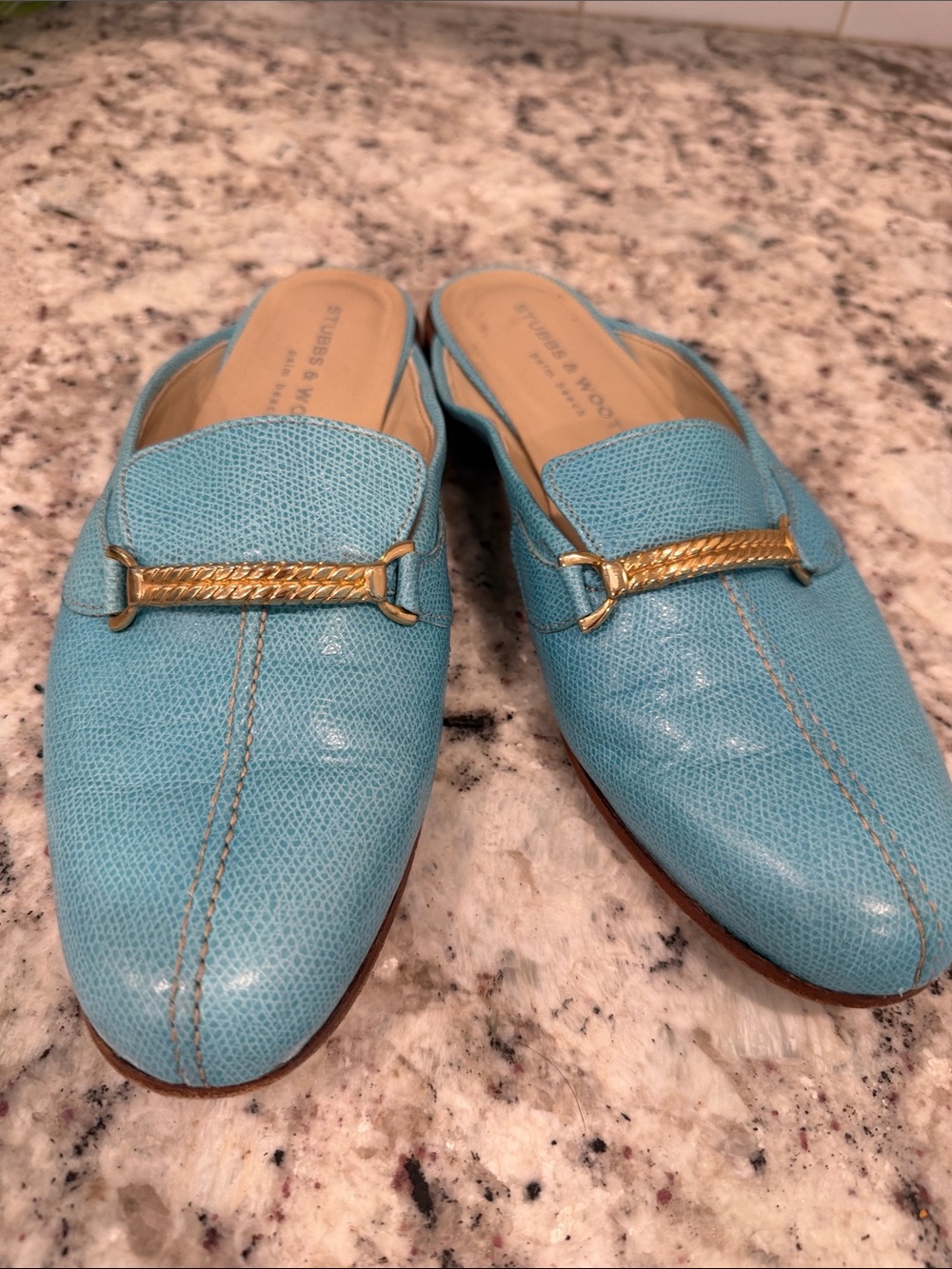 Stubbs & Wootton Light Blue Leather Loafer Mules with Gold Hardware